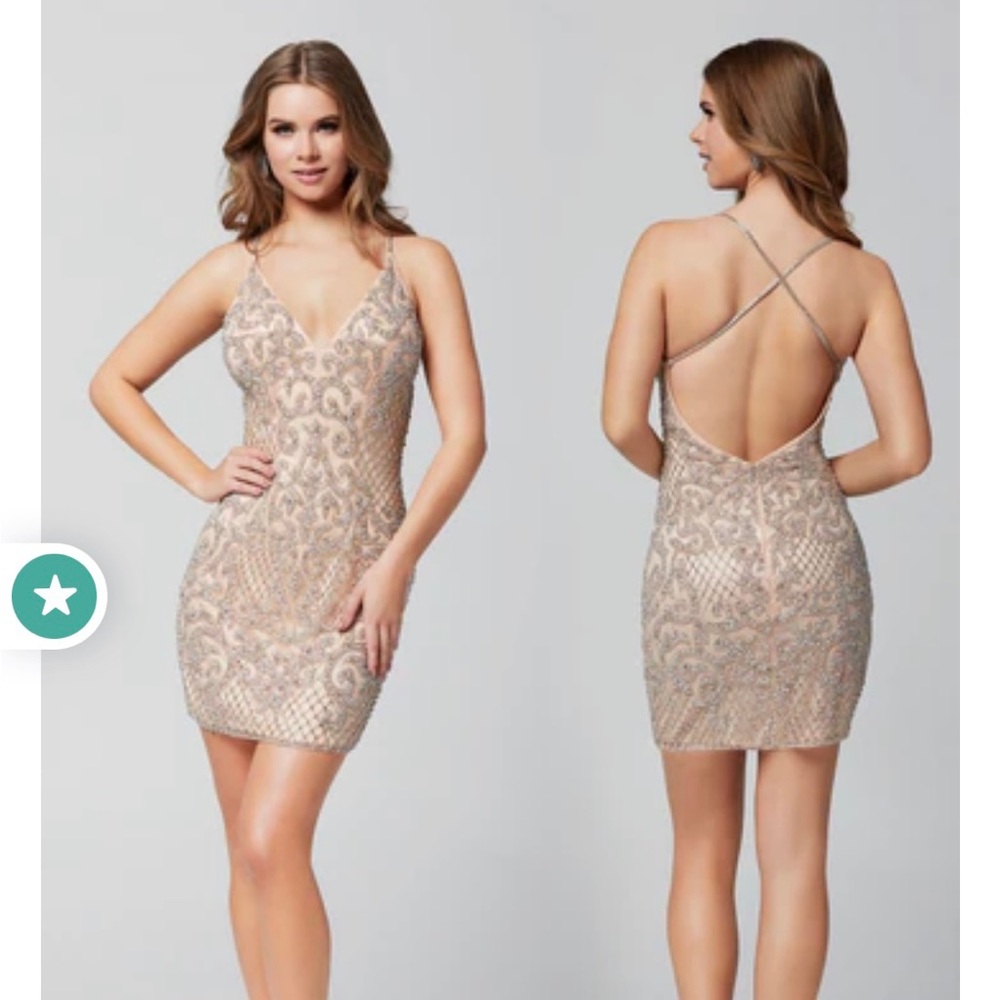 Primavera Couture 3138 blush pink short backless homecoming dress.